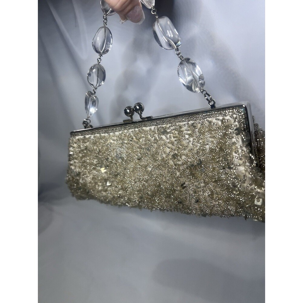 Vintage 1950s Beaded Evening Clutch Purse with Lucite Handle – Silver Sequin
